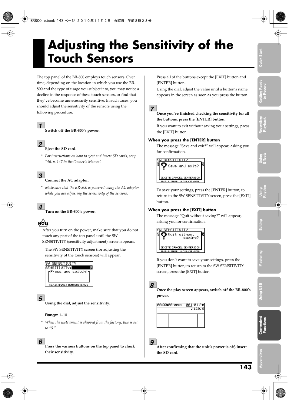 Adjusting the sensitivity of the touch sensors | Boss Audio Systems BR-800 User Manual | Page 143 / 164