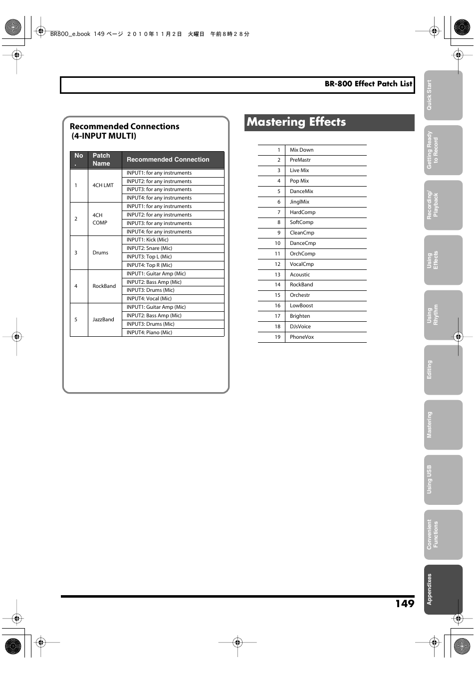 Mastering effects, Recommended connections (4-input multi) | Boss Audio Systems BR-800 User Manual | Page 149 / 164