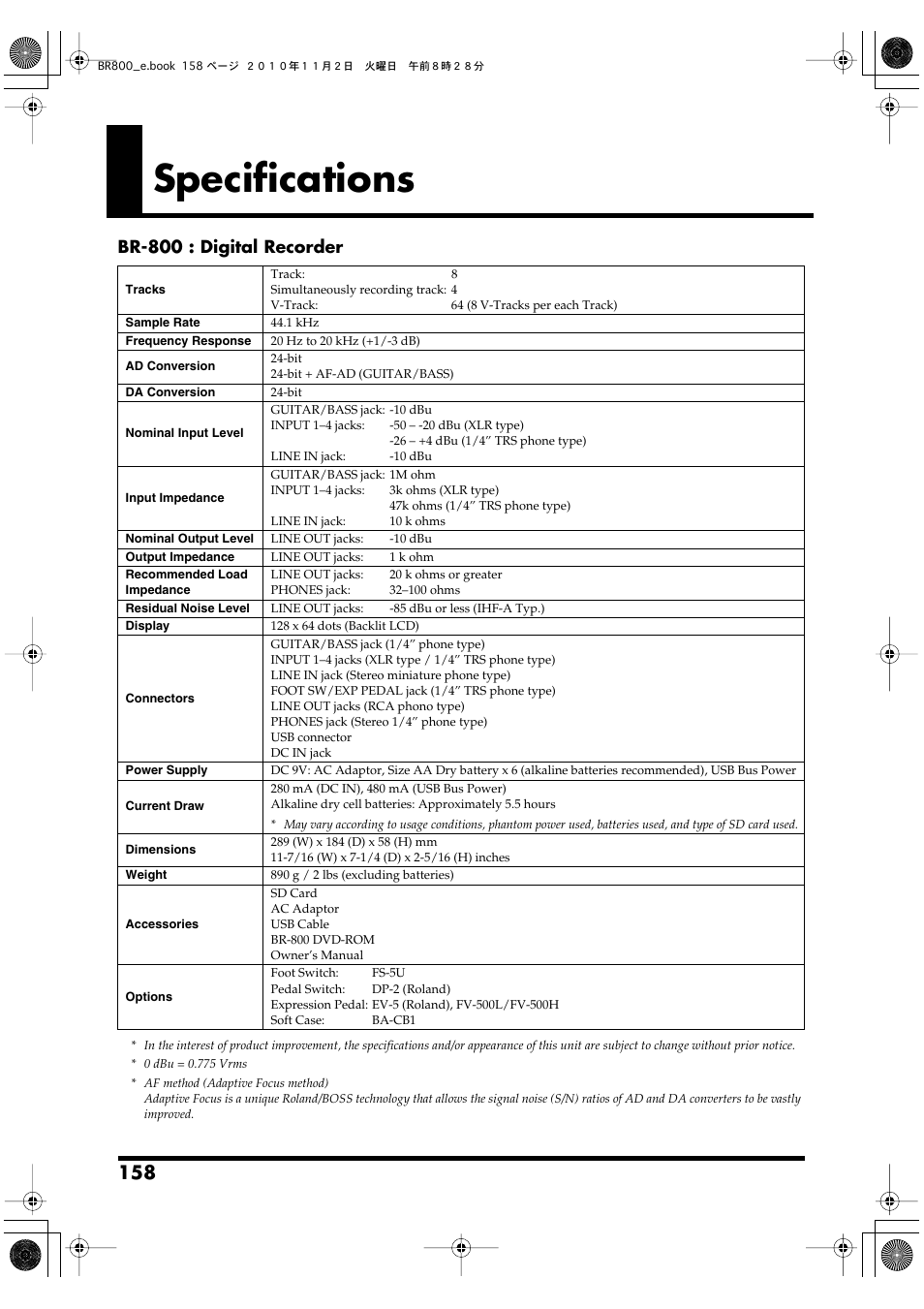 Specifications, Br-800 : digital recorder | Boss Audio Systems BR-800 User Manual | Page 158 / 164