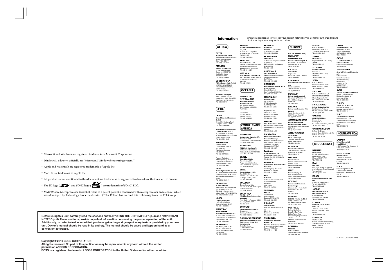 Information, Africa, Asia | Oceania, Central/latin america, Europe, Middle east, North america | Boss Audio Systems BR-800 User Manual | Page 163 / 164