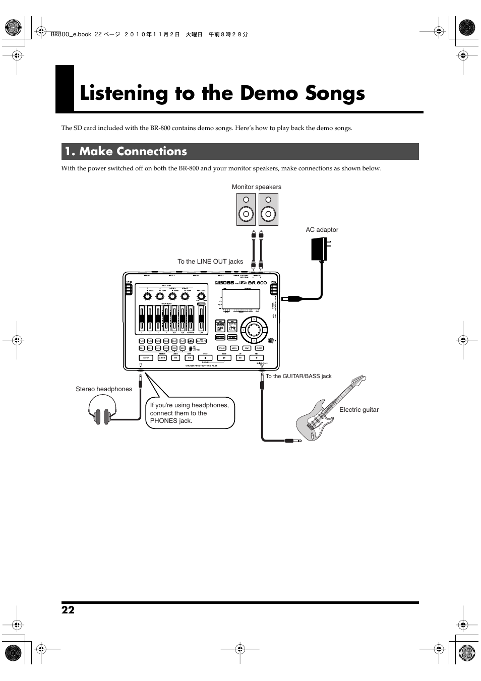 Listening to the demo songs, Make connections | Boss Audio Systems BR-800 User Manual | Page 22 / 164