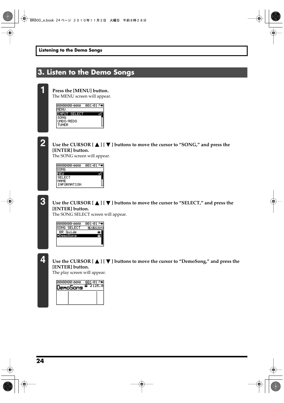 Listen to the demo songs | Boss Audio Systems BR-800 User Manual | Page 24 / 164