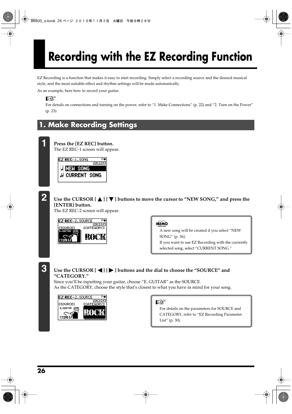 Recording with the ez recording function, Make recording settings, Ez recording function (p. 26) | Recording with the ez recording function” (p. 26) | Boss Audio Systems BR-800 User Manual | Page 26 / 164