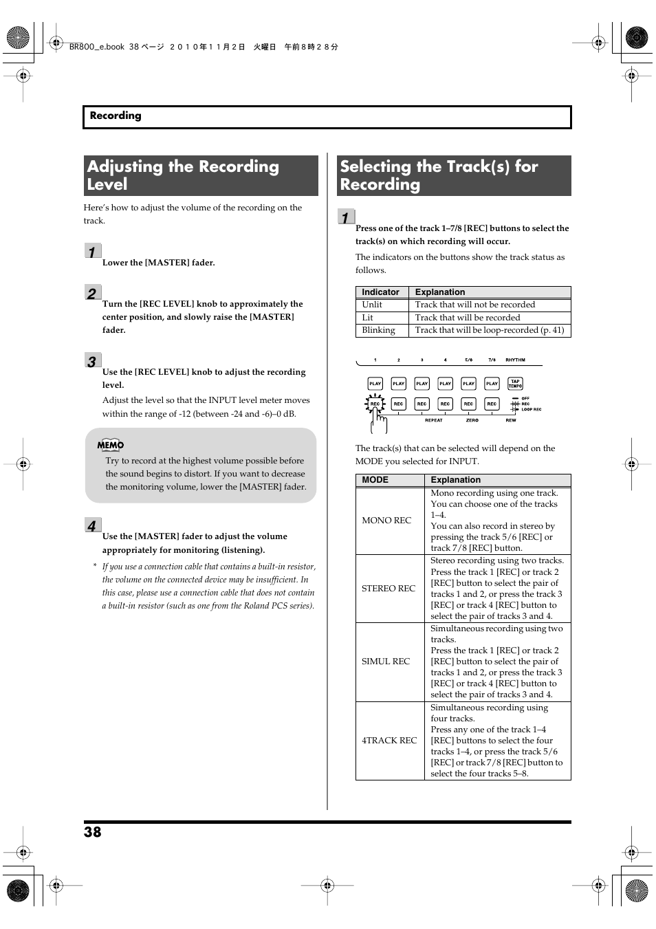Adjusting the recording level, Selecting the track(s) for recording, Adjusting the recording level” (p. 38) | Boss Audio Systems BR-800 User Manual | Page 38 / 164