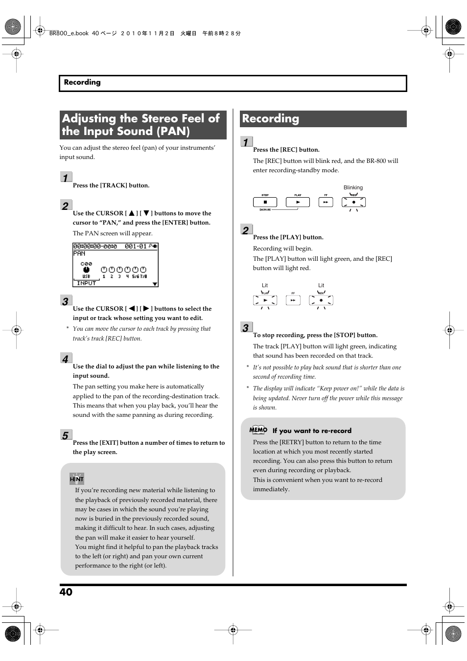Adjusting the stereo feel of the input sound (pan), Recording, Recording” (p. 40) | Boss Audio Systems BR-800 User Manual | Page 40 / 164