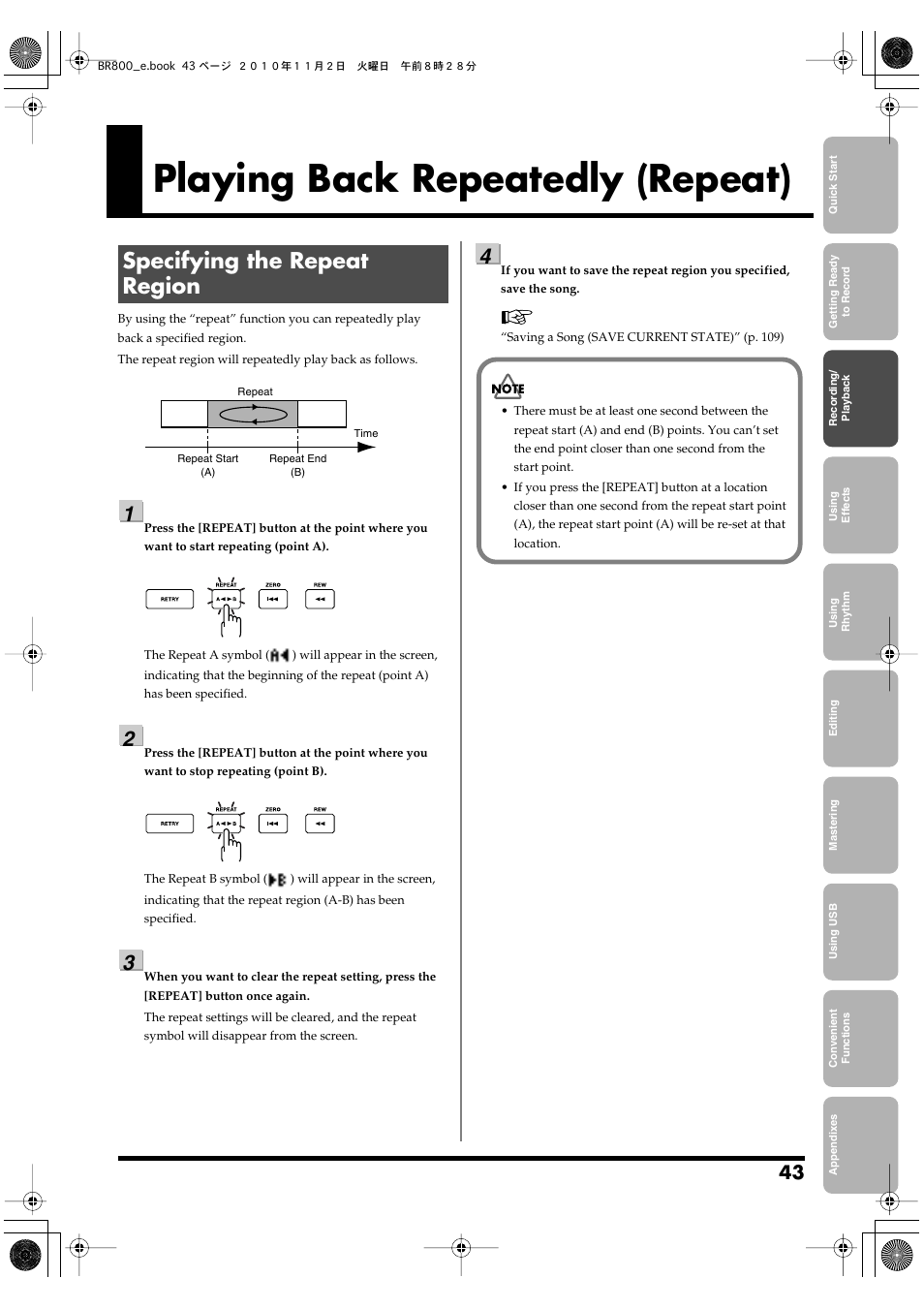 Playing back repeatedly (repeat), Specifying the repeat region, Playing back repeatedly (repeat)” (p. 43) | Boss Audio Systems BR-800 User Manual | Page 43 / 164