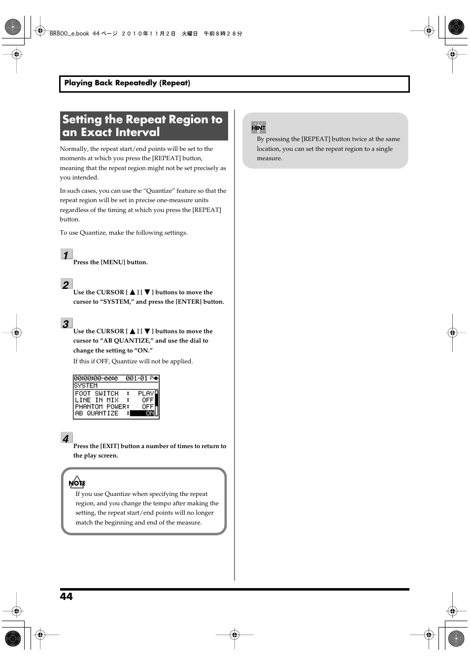 Setting the repeat region to an exact interval | Boss Audio Systems BR-800 User Manual | Page 44 / 164