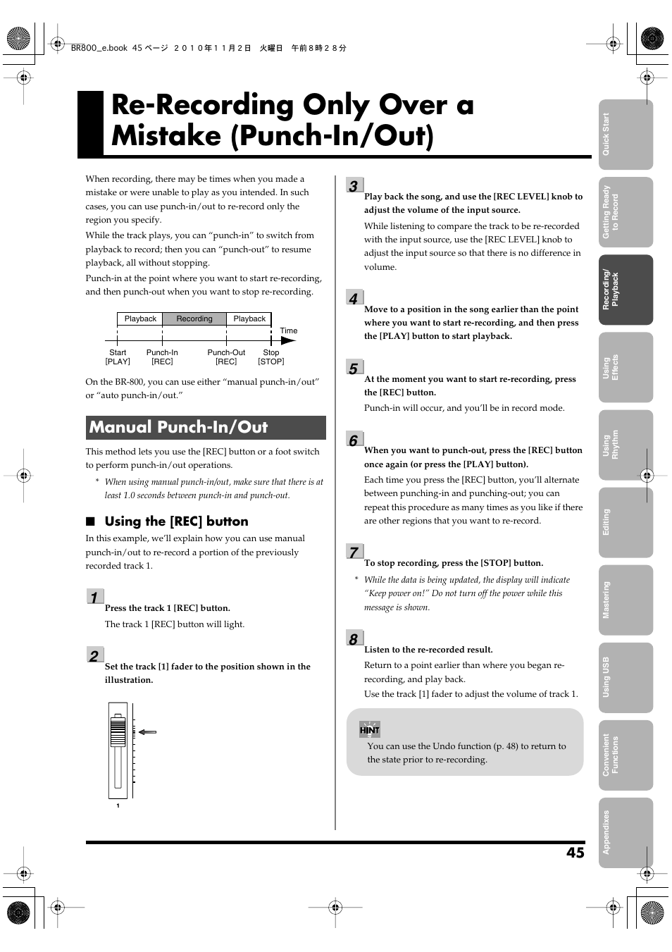 Re-recording only over a mistake (punch-in/out), Manual punch-in/out, Manual punch-in/out” (p. 45) | Boss Audio Systems BR-800 User Manual | Page 45 / 164