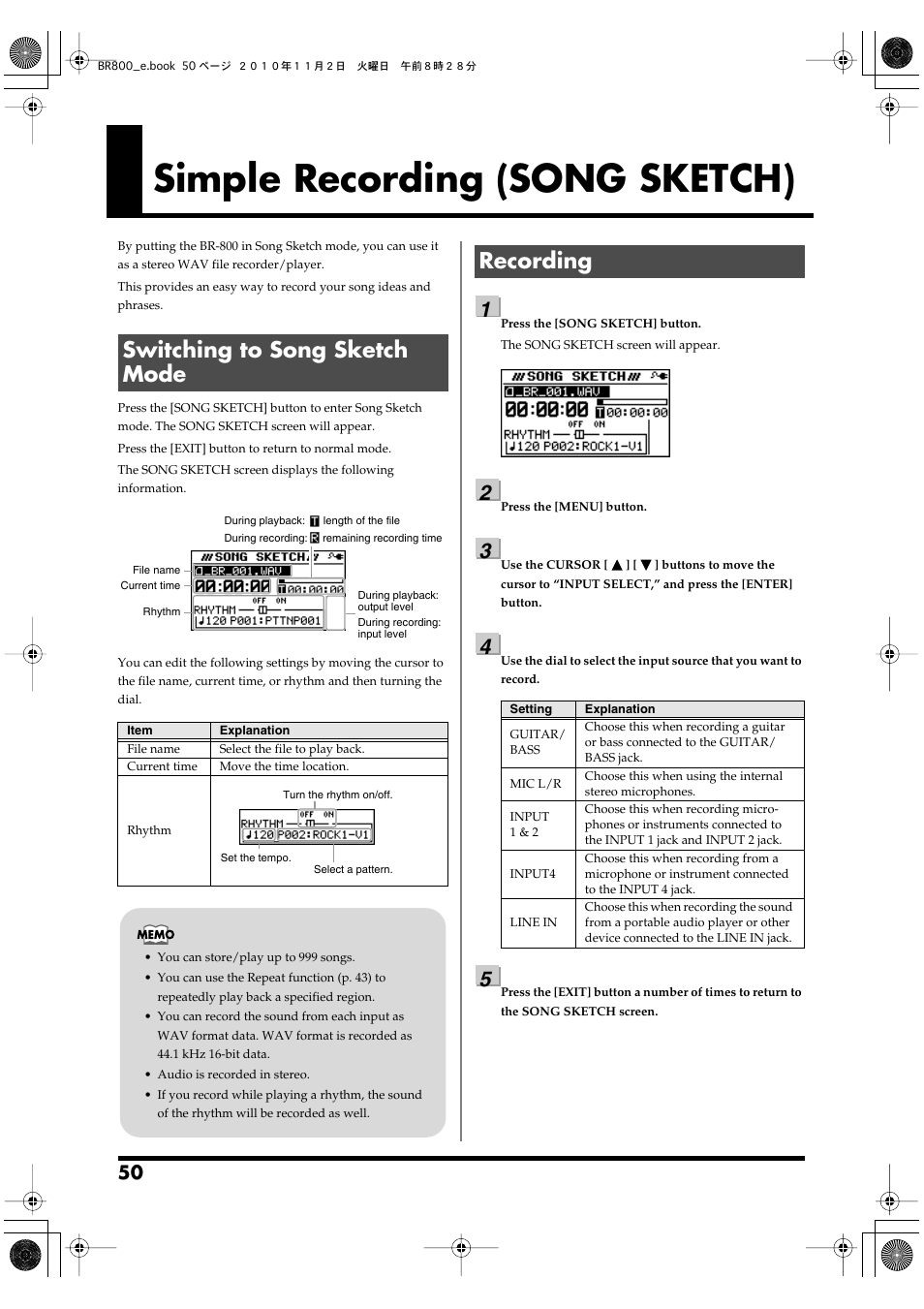 Simple recording (song sketch), Switching to song sketch mode, Recording | Switching to song sketch mode recording, Song sketch function (p. 50), Simple recording (song sketch)” (p. 50) | Boss Audio Systems BR-800 User Manual | Page 50 / 164