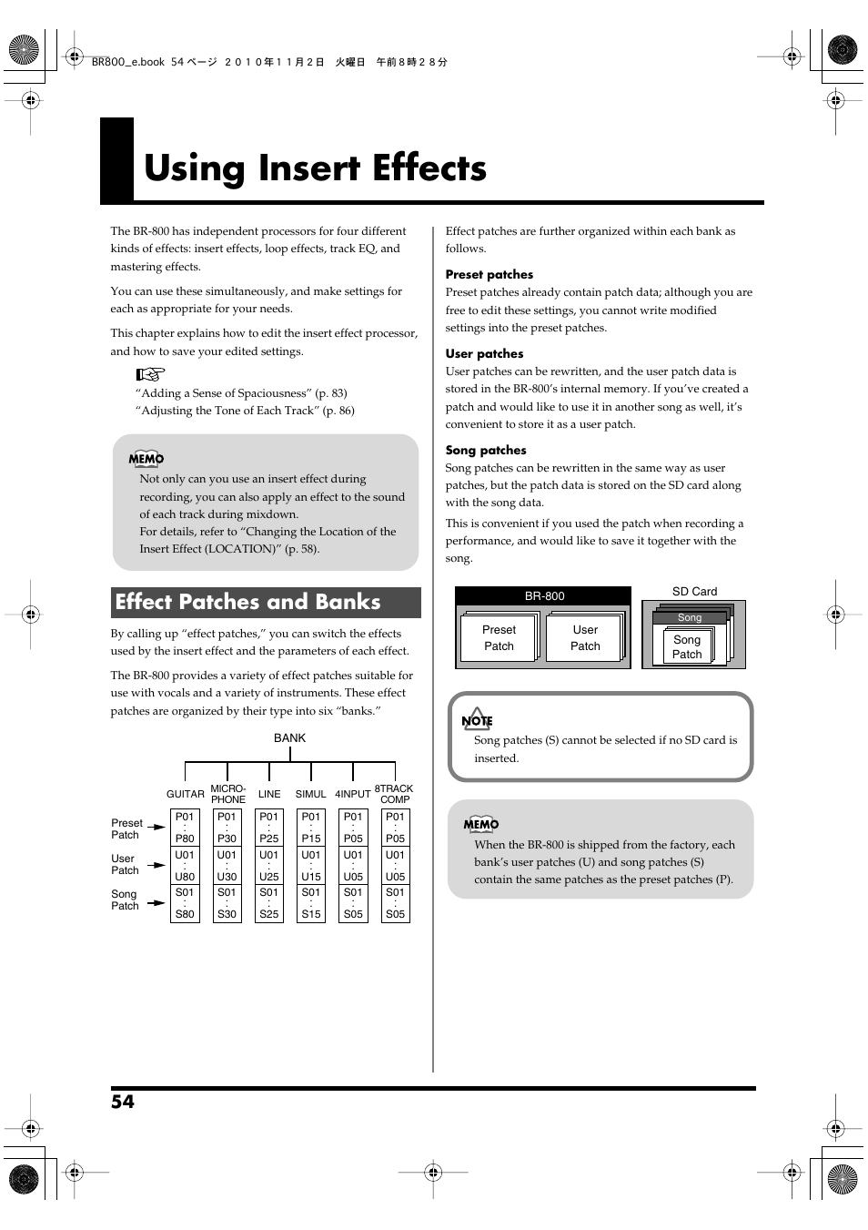 Using insert effects, Effect patches and banks, Insert effect (p. 54) on/off and edit its settings | Boss Audio Systems BR-800 User Manual | Page 54 / 164