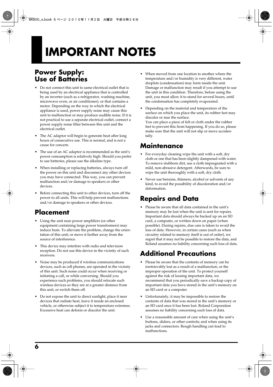 Important notes, Power supply: use of batteries, Placement | Maintenance, Repairs and data, Additional precautions | Boss Audio Systems BR-800 User Manual | Page 6 / 164