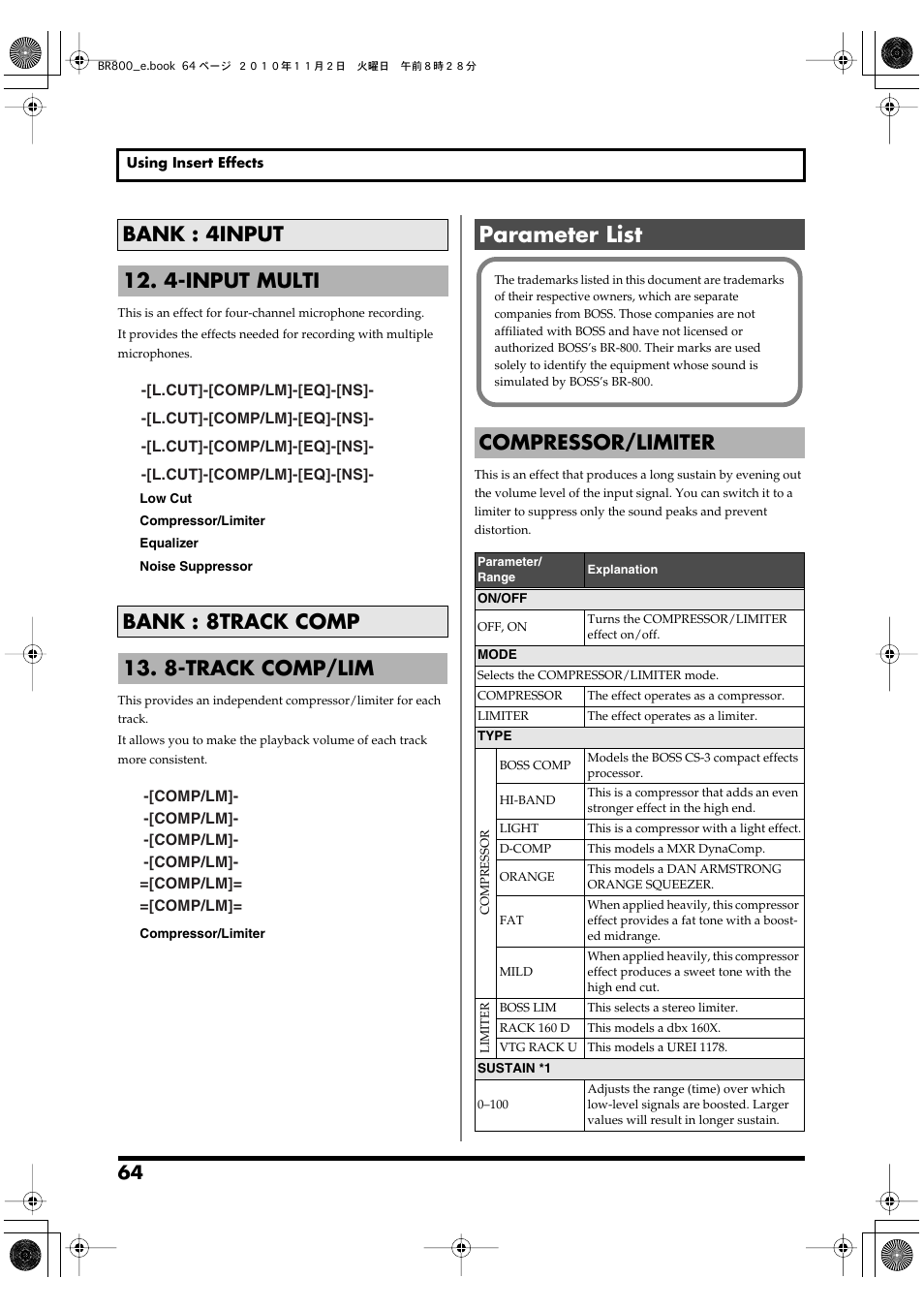Parameter list, Compressor/limiter | Boss Audio Systems BR-800 User Manual | Page 64 / 164