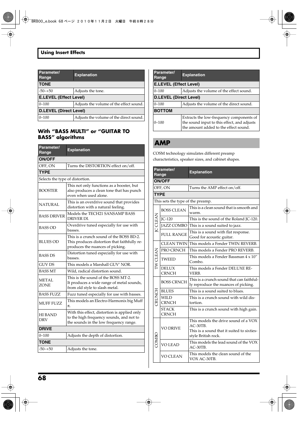 With “bass multi” or “guitar to bass” algorithms | Boss Audio Systems BR-800 User Manual | Page 68 / 164