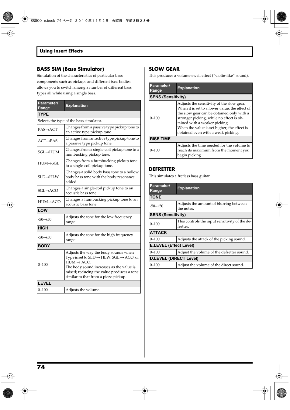 Bass sim (bass simulator), Slow gear, Defretter | Boss Audio Systems BR-800 User Manual | Page 74 / 164