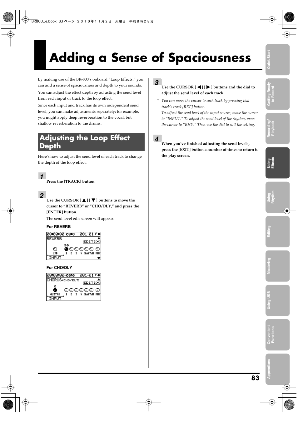Adding a sense of spaciousness, Adjusting the loop effect depth | Boss Audio Systems BR-800 User Manual | Page 83 / 164