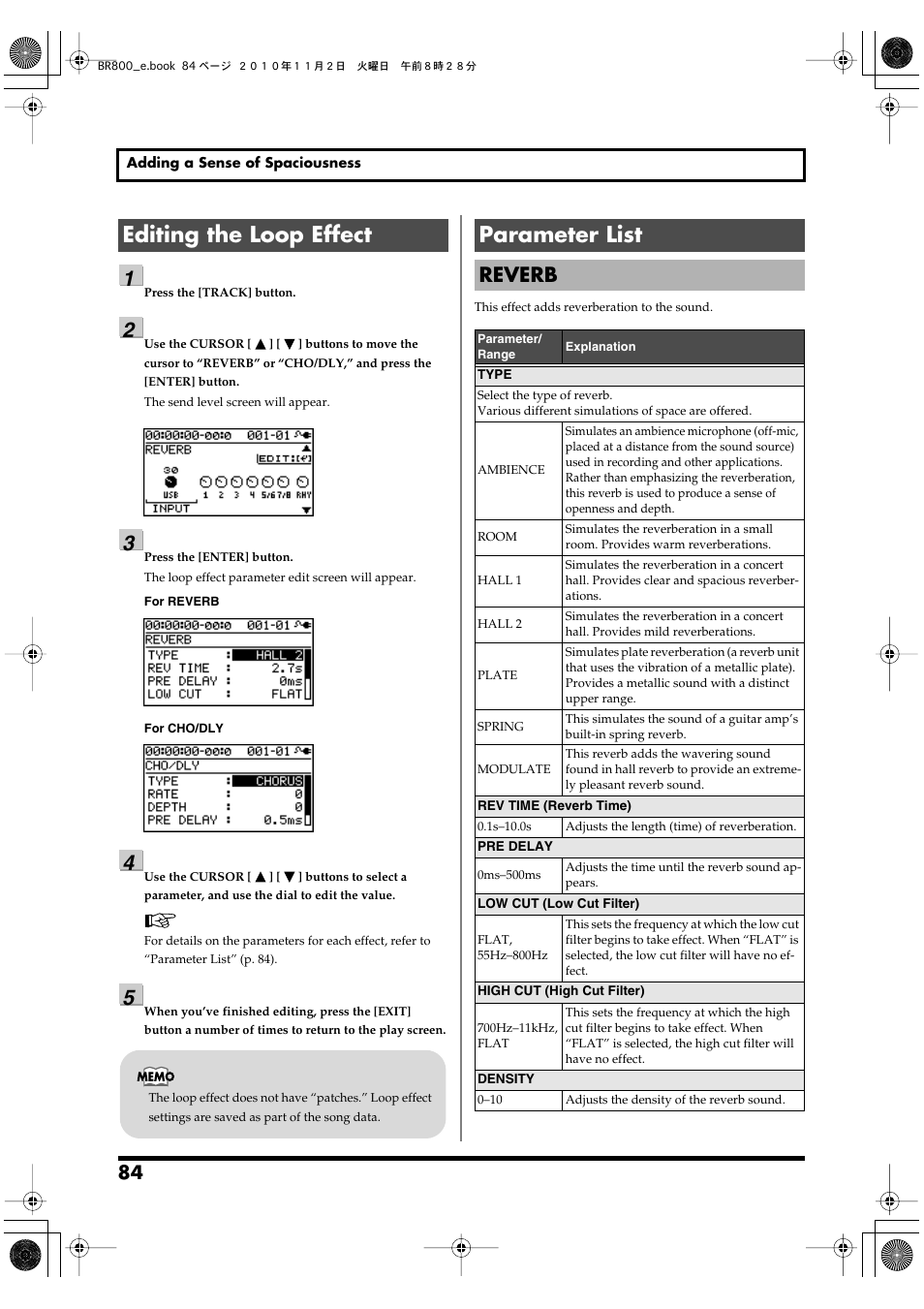 Editing the loop effect, Parameter list, Editing the loop effect parameter list | Reverb | Boss Audio Systems BR-800 User Manual | Page 84 / 164