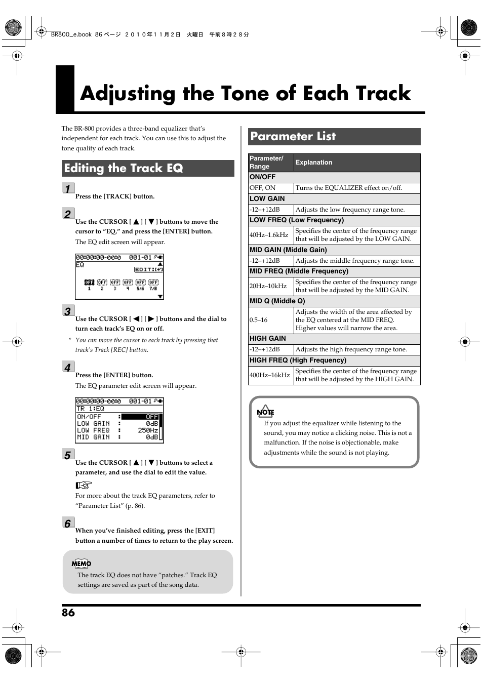 Adjusting the tone of each track, Editing the track eq, Parameter list | Editing the track eq parameter list | Boss Audio Systems BR-800 User Manual | Page 86 / 164