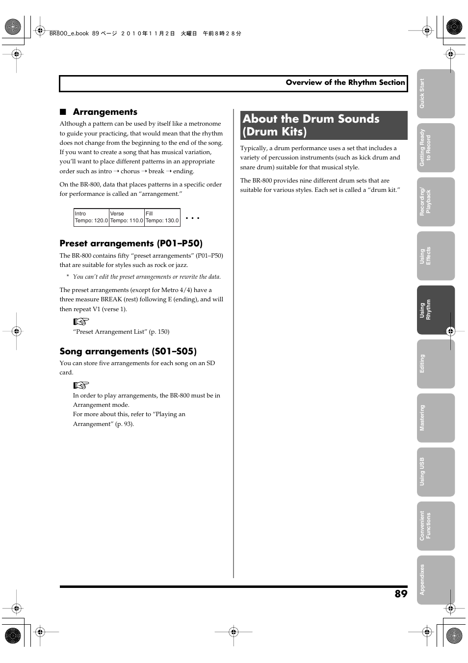 About the drum sounds (drum kits), Arrangements, Preset arrangements (p01–p50) | Song arrangements (s01–s05) | Boss Audio Systems BR-800 User Manual | Page 89 / 164