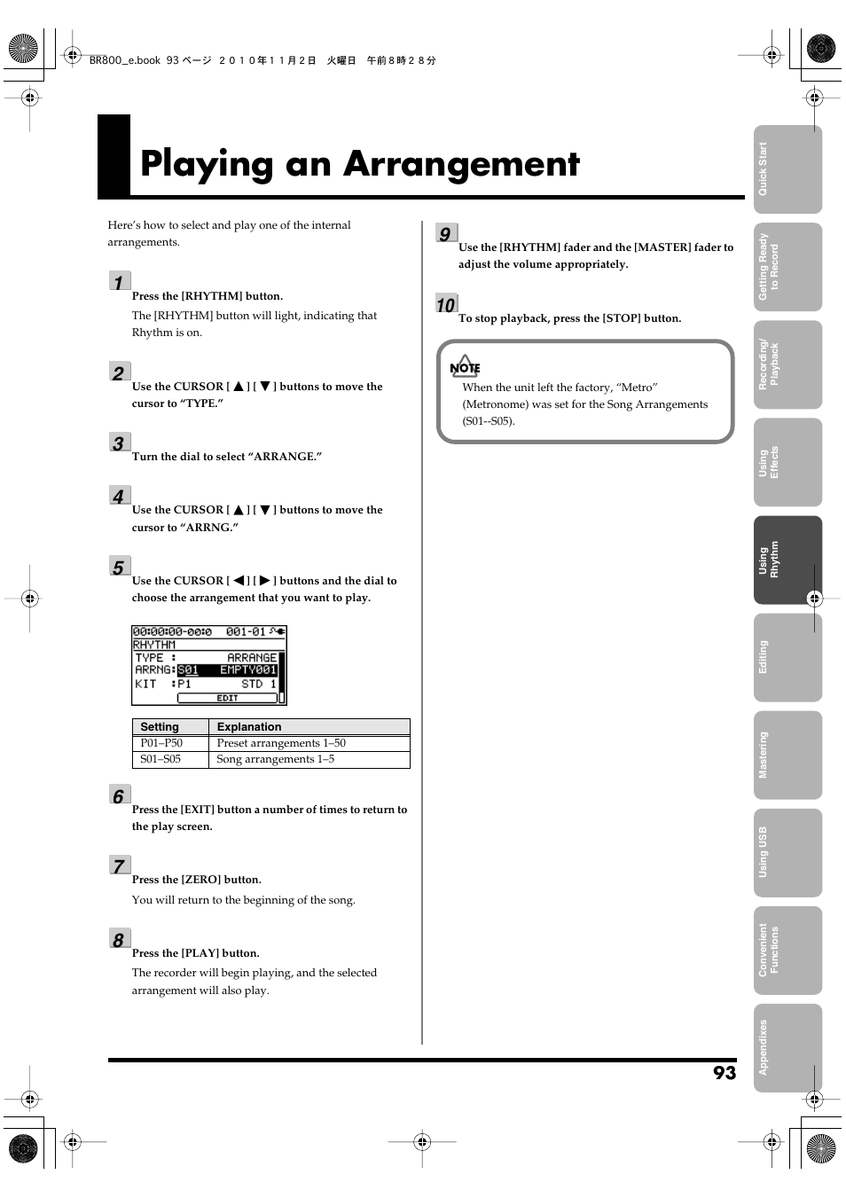 Playing an arrangement, Playing an arrangement” (p. 93) | Boss Audio Systems BR-800 User Manual | Page 93 / 164