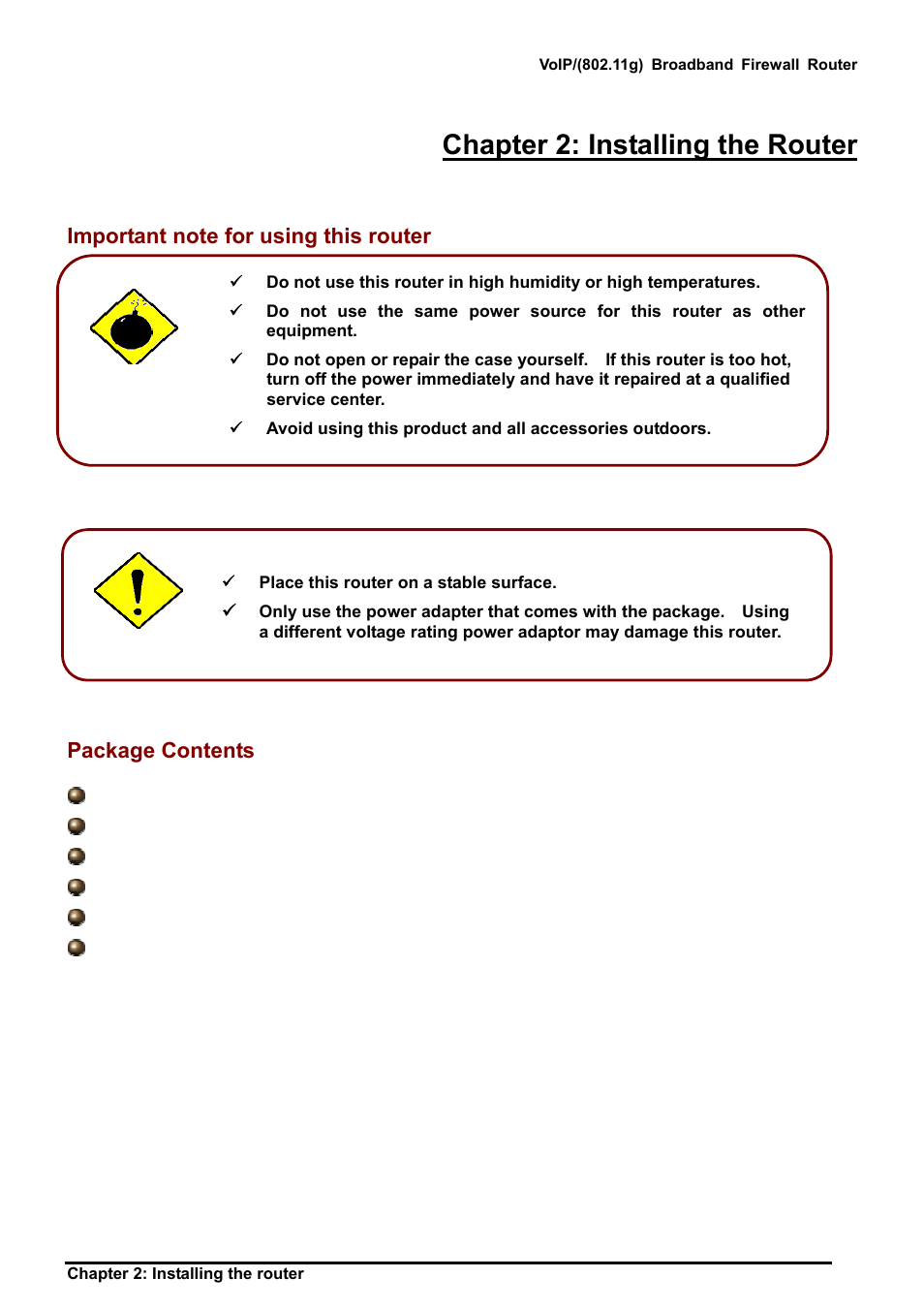 Important note for using this router, Package contents, Chapter 2: installing the router | Mportant note for using this router, Ackage, Ontents | Billion Electric Company BIPAC 6404VGP User Manual | Page 7 / 103