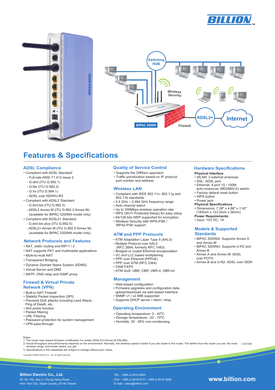 Features & specifications, Internet | Billion Electric Company BiPAC 5200N User Manual | Page 2 / 2