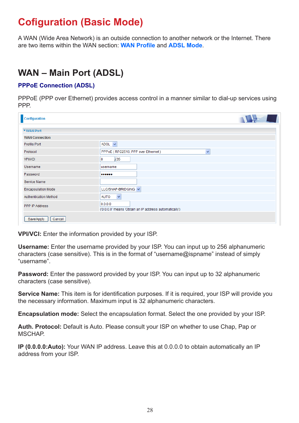 Cofiguration (basic mode), Wan – main port (adsl) | Billion Electric Company BiPAC 7800 User Manual | Page 31 / 71