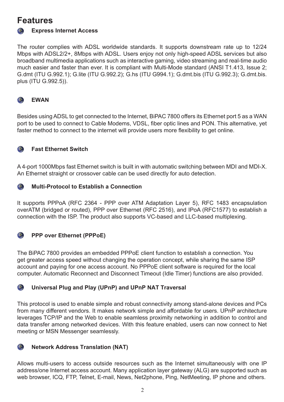 Features | Billion Electric Company BiPAC 7800 User Manual | Page 5 / 71