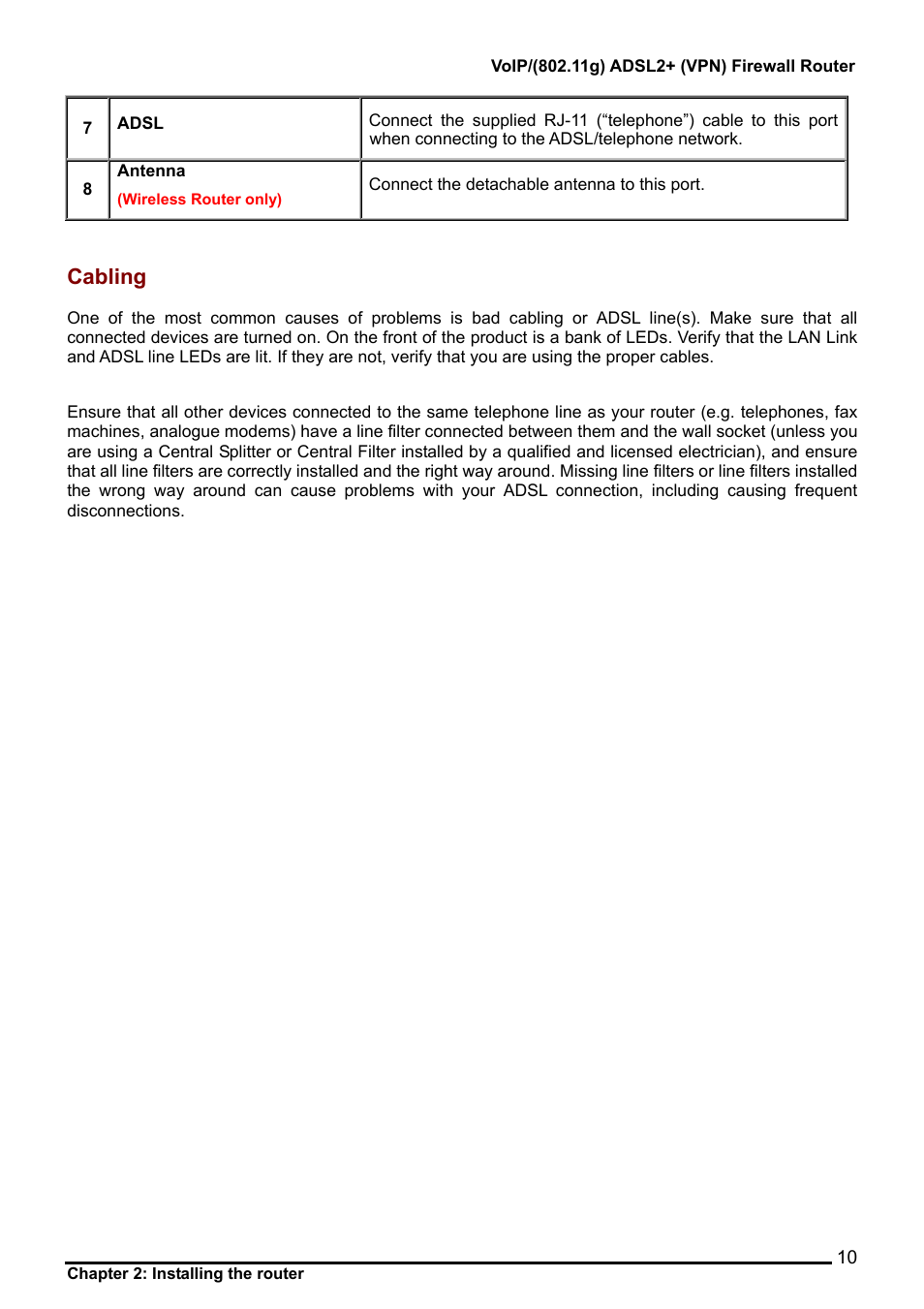 Cabling | Billion Electric Company 7404V User Manual | Page 11 / 151