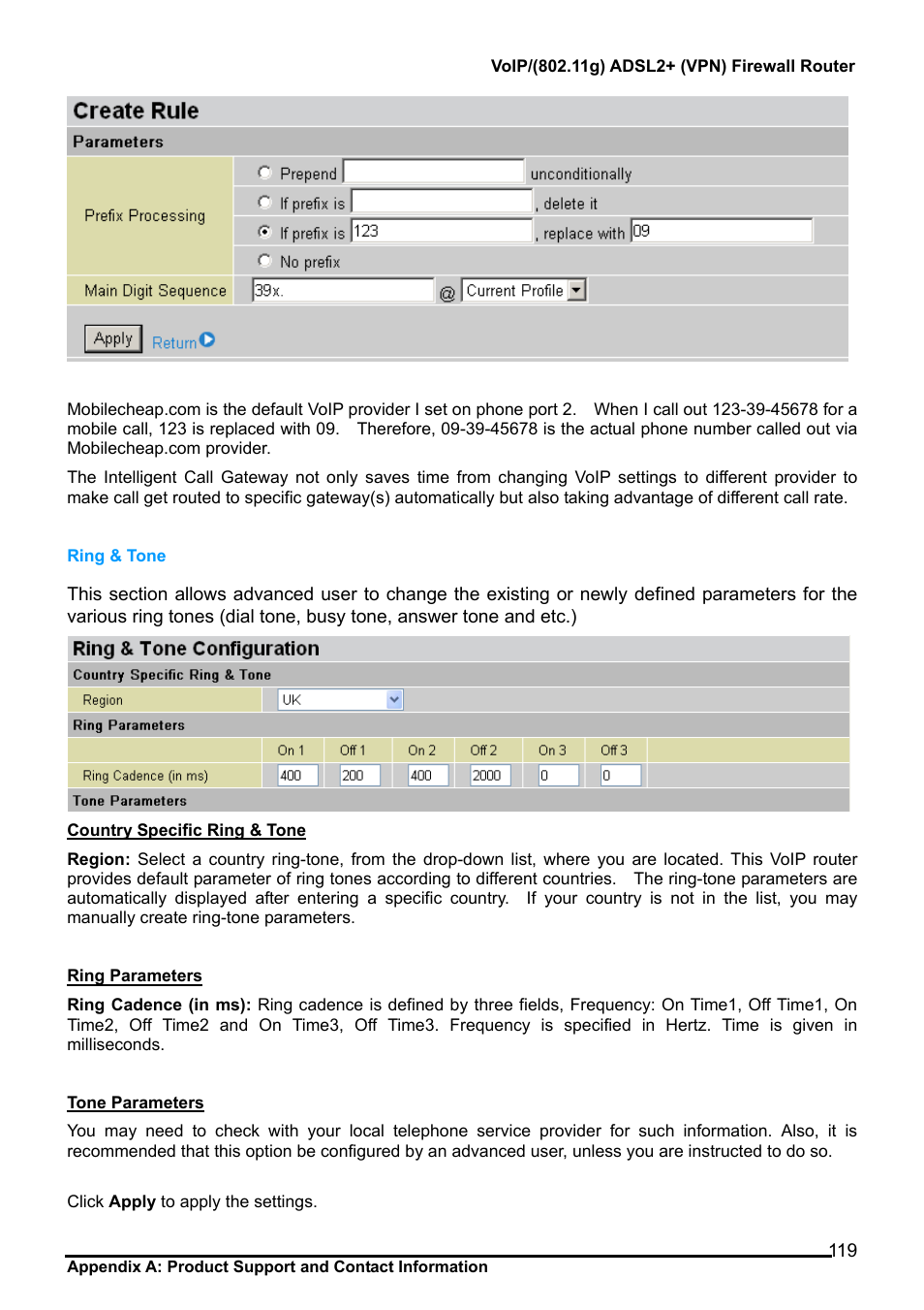 Ring & tone | Billion Electric Company 7404V User Manual | Page 120 / 151