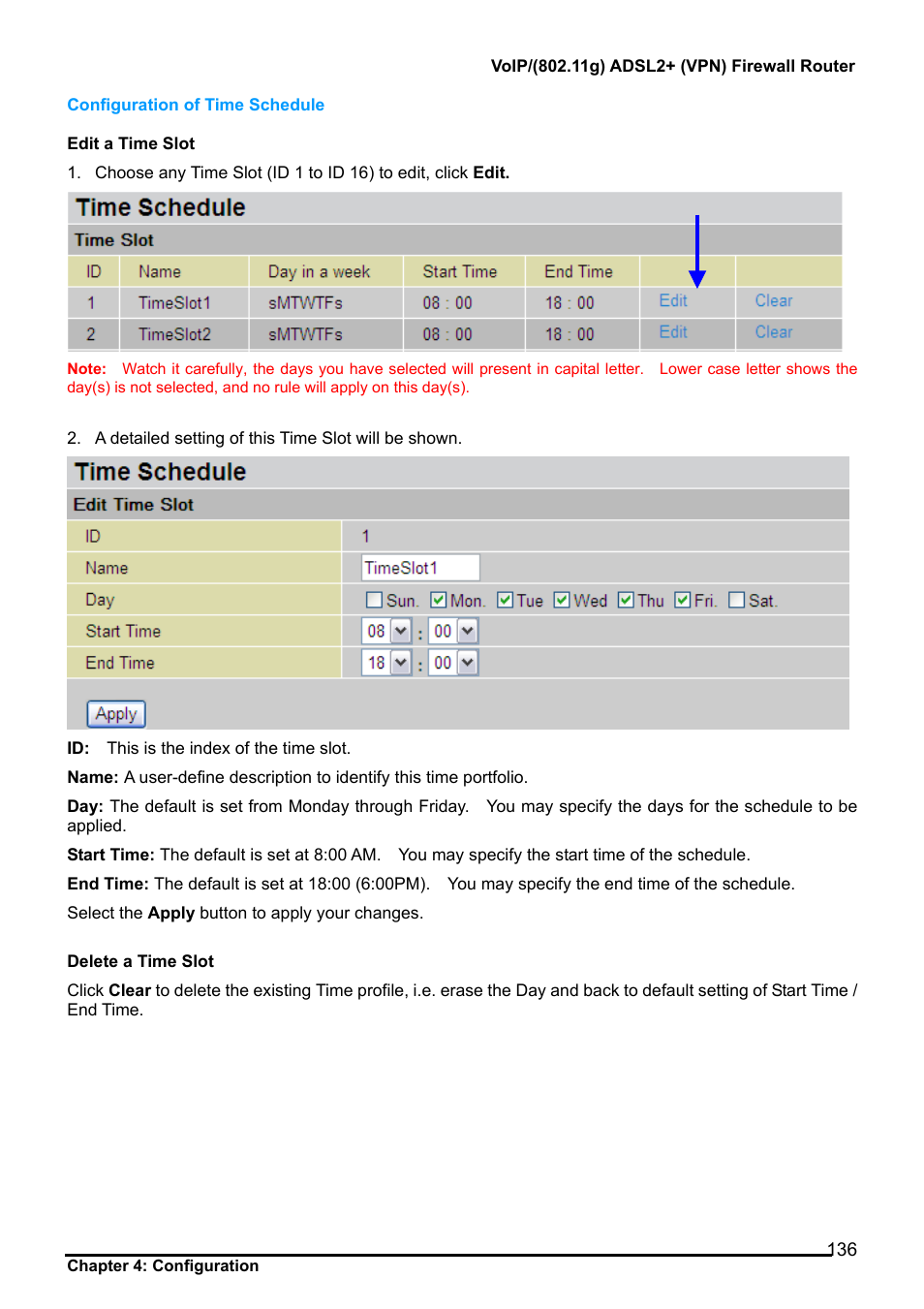 Configuration of time schedule | Billion Electric Company 7404V User Manual | Page 137 / 151