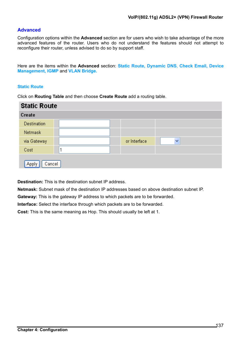 Advanced, Static route | Billion Electric Company 7404V User Manual | Page 138 / 151