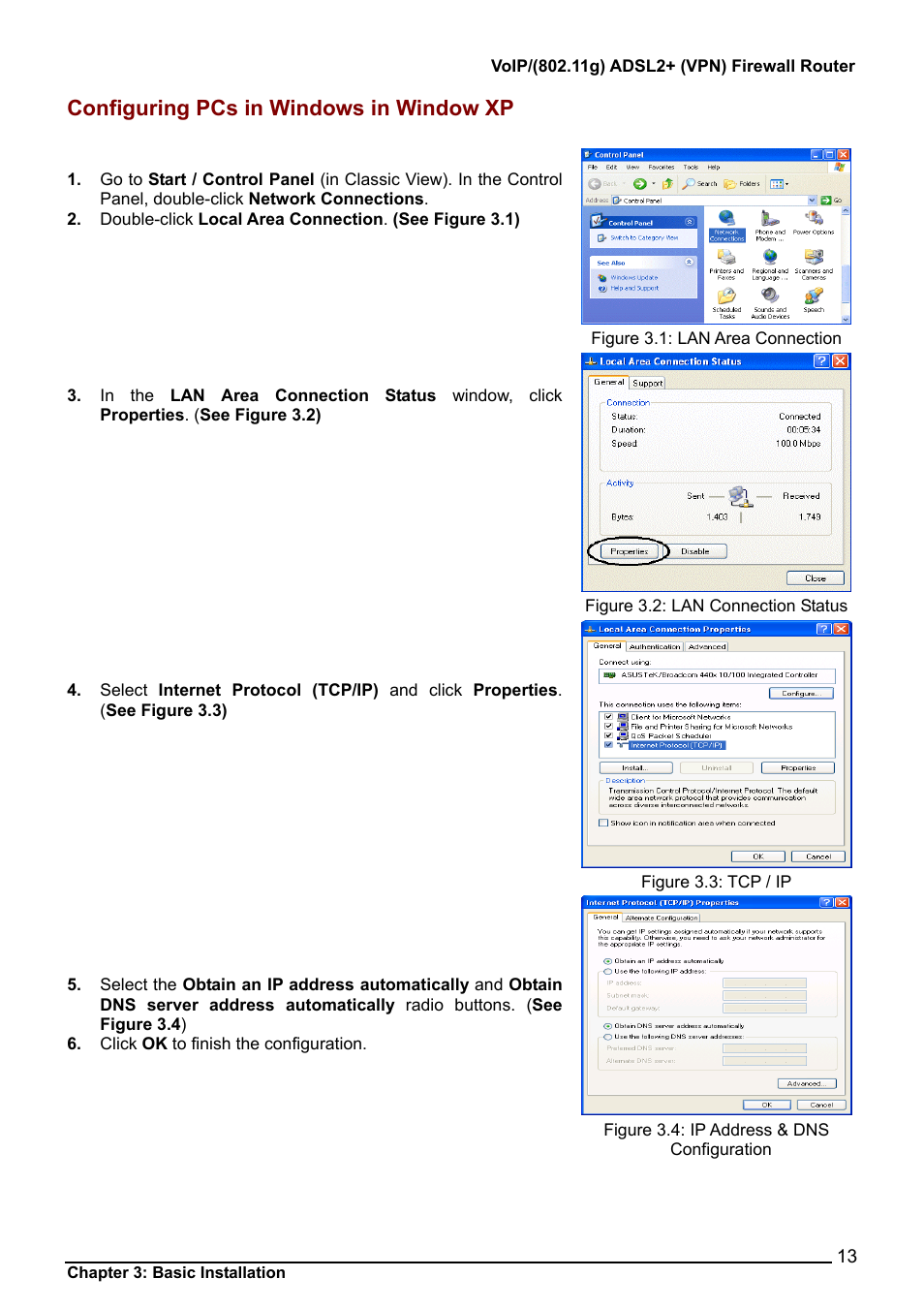 Configuring pcs in windows in window xp | Billion Electric Company 7404V User Manual | Page 14 / 151