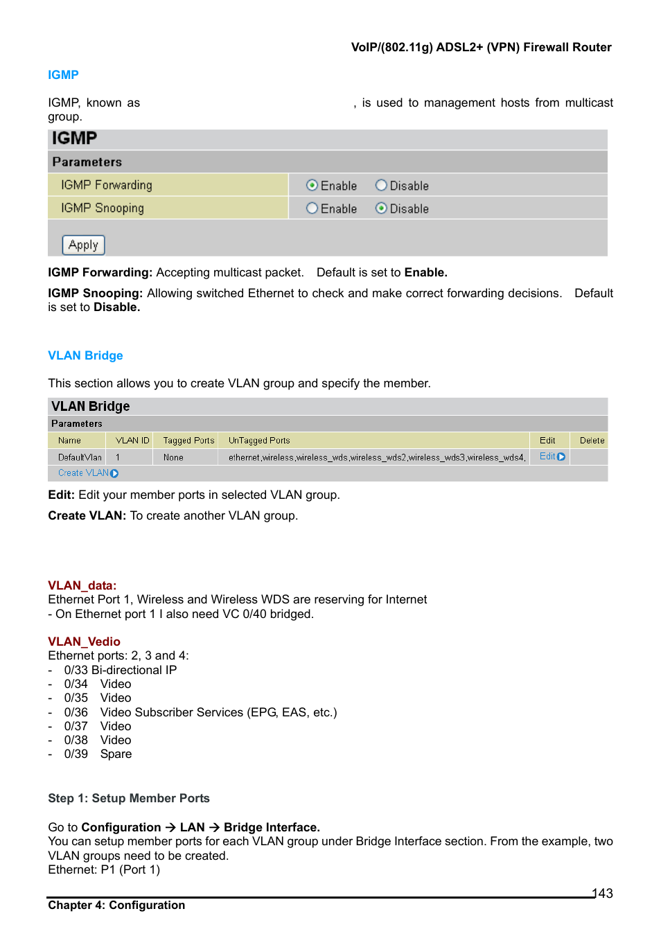 Igmp, Vlan bridge, Igmp vlan bridge | Billion Electric Company 7404V User Manual | Page 144 / 151