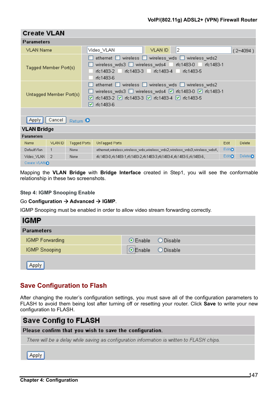 Save configuration to flash, Logout, Save config to flash | Billion Electric Company 7404V User Manual | Page 148 / 151