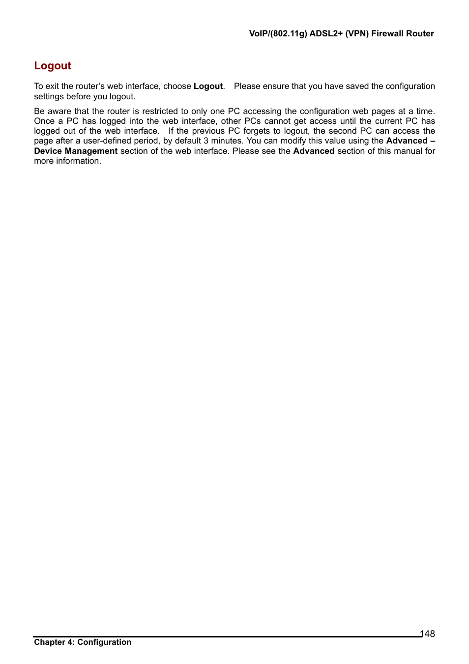 Problems starting up the router, Problem, Corrective action | Problems with the wan interface, Problems with the lan interface, Logout | Billion Electric Company 7404V User Manual | Page 149 / 151