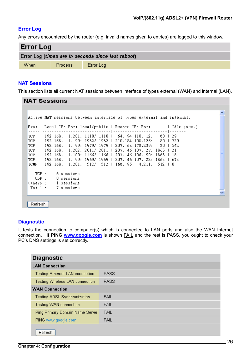 Error log, Nat sessions, Diagnostic | Error log nat sessions diagnostic | Billion Electric Company 7404V User Manual | Page 27 / 151