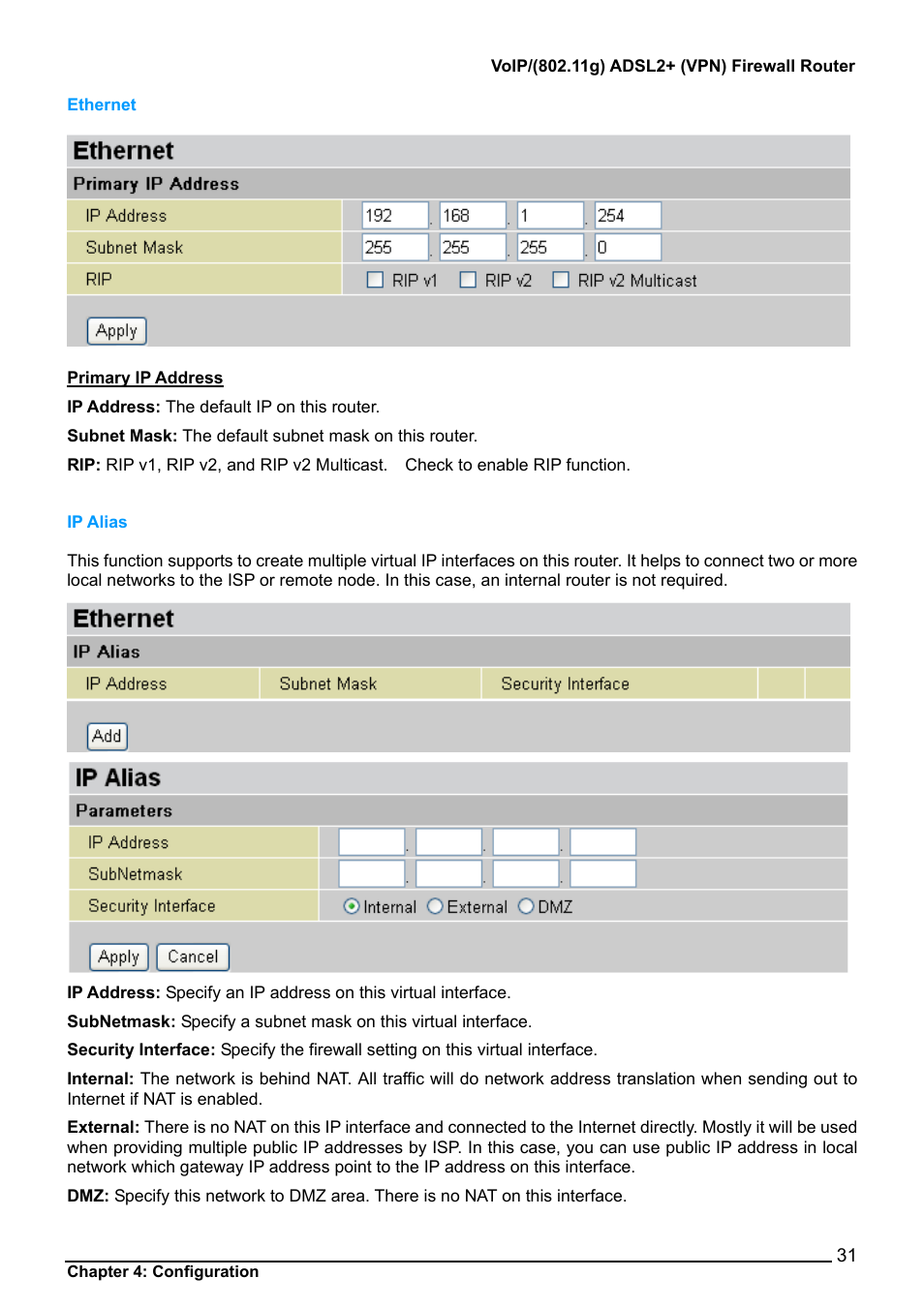 Ethernet, Ip alias, Ethernet ip alias | Billion Electric Company 7404V User Manual | Page 32 / 151