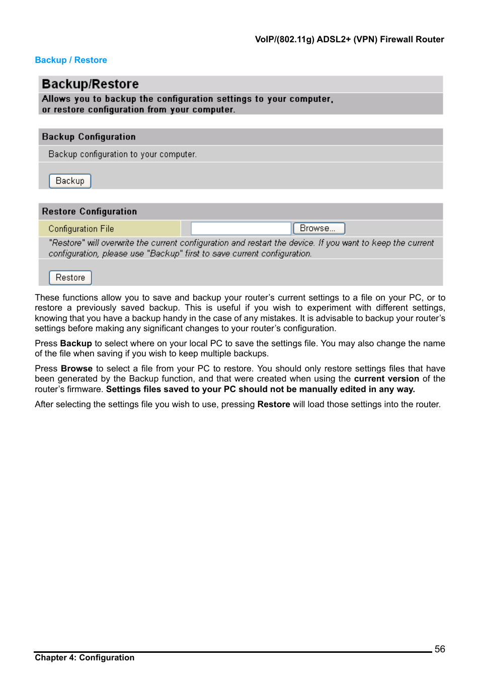 Backup / restore | Billion Electric Company 7404V User Manual | Page 57 / 151