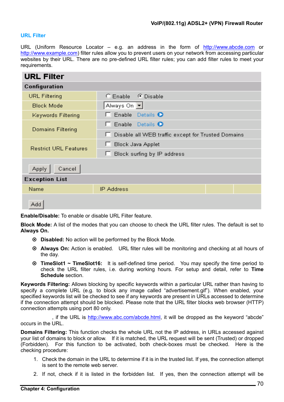 Url filter | Billion Electric Company 7404V User Manual | Page 71 / 151