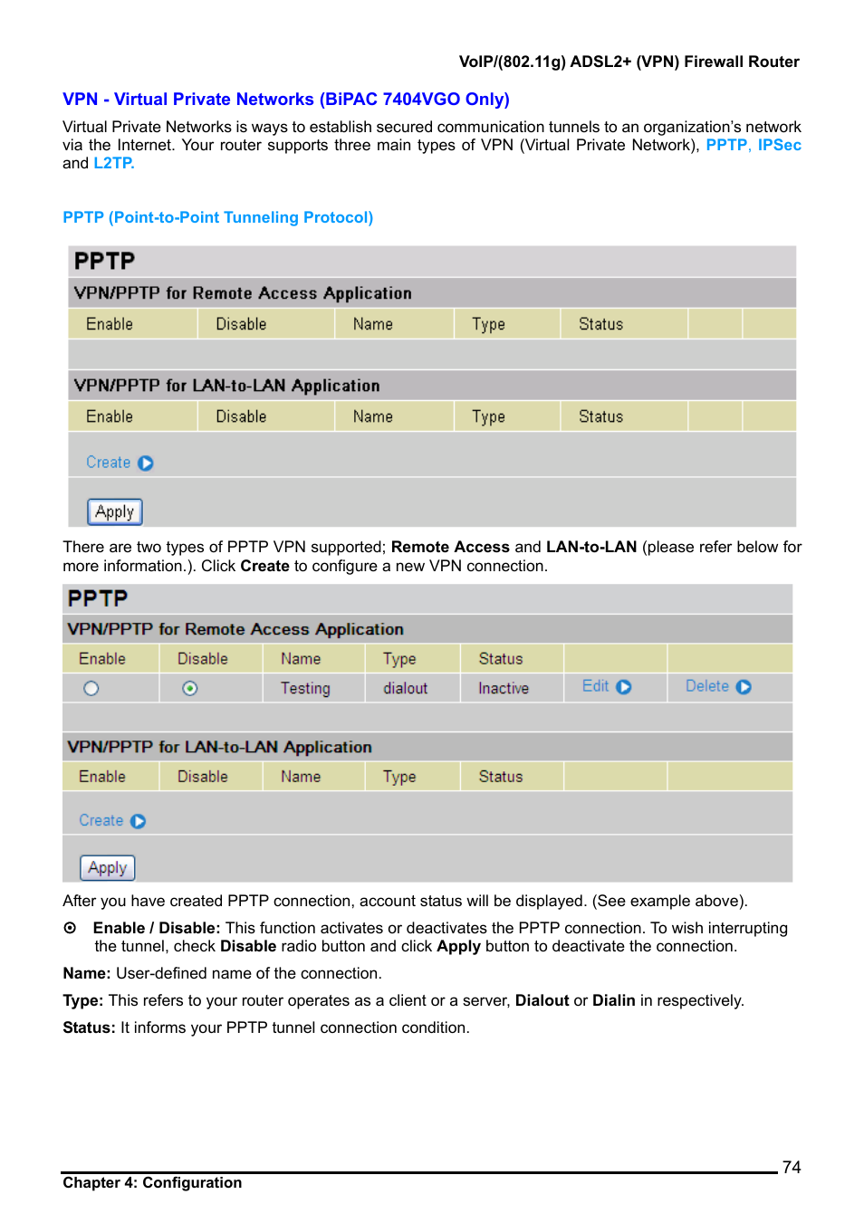 Pptp (point-to-point tunneling protocol) | Billion Electric Company 7404V User Manual | Page 75 / 151