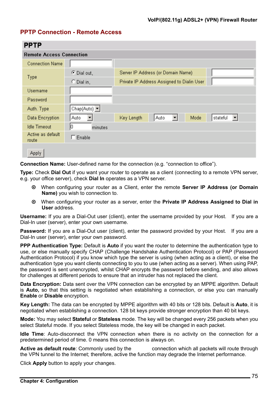 Pptp connection - remote access | Billion Electric Company 7404V User Manual | Page 76 / 151