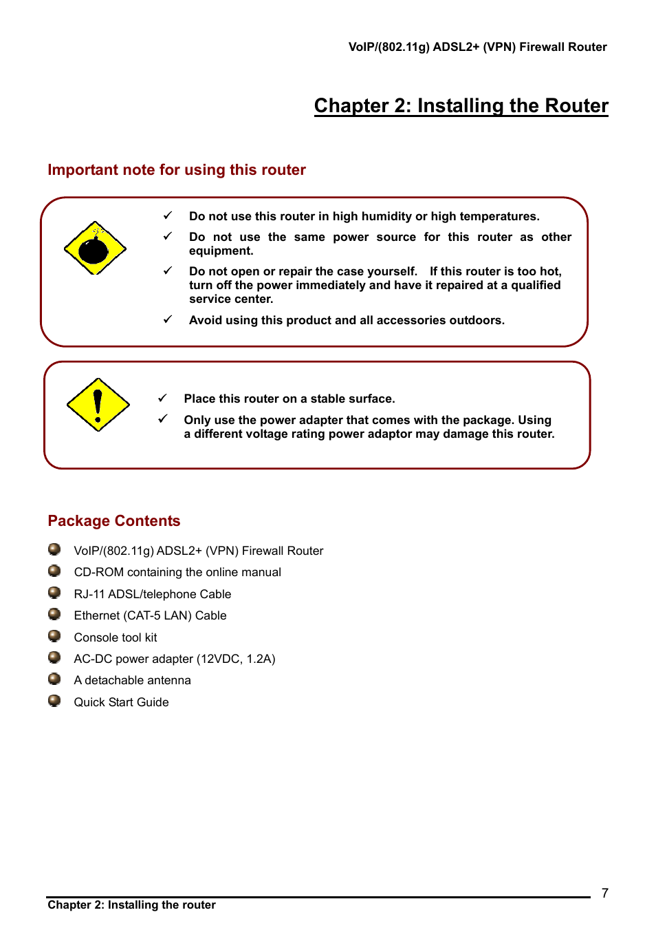 Important note for using this router, Package contents, Chapter 2: installing the router | Billion Electric Company 7404V User Manual | Page 8 / 151