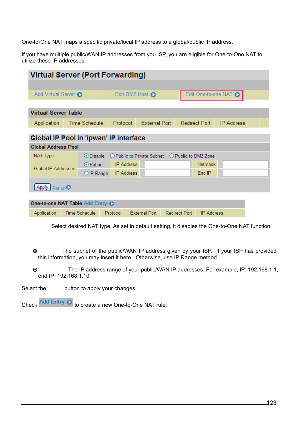 Edit one-to-one nat (network address translation) | Billion Electric Company BiPAC 7402G User Manual | Page 124 / 142