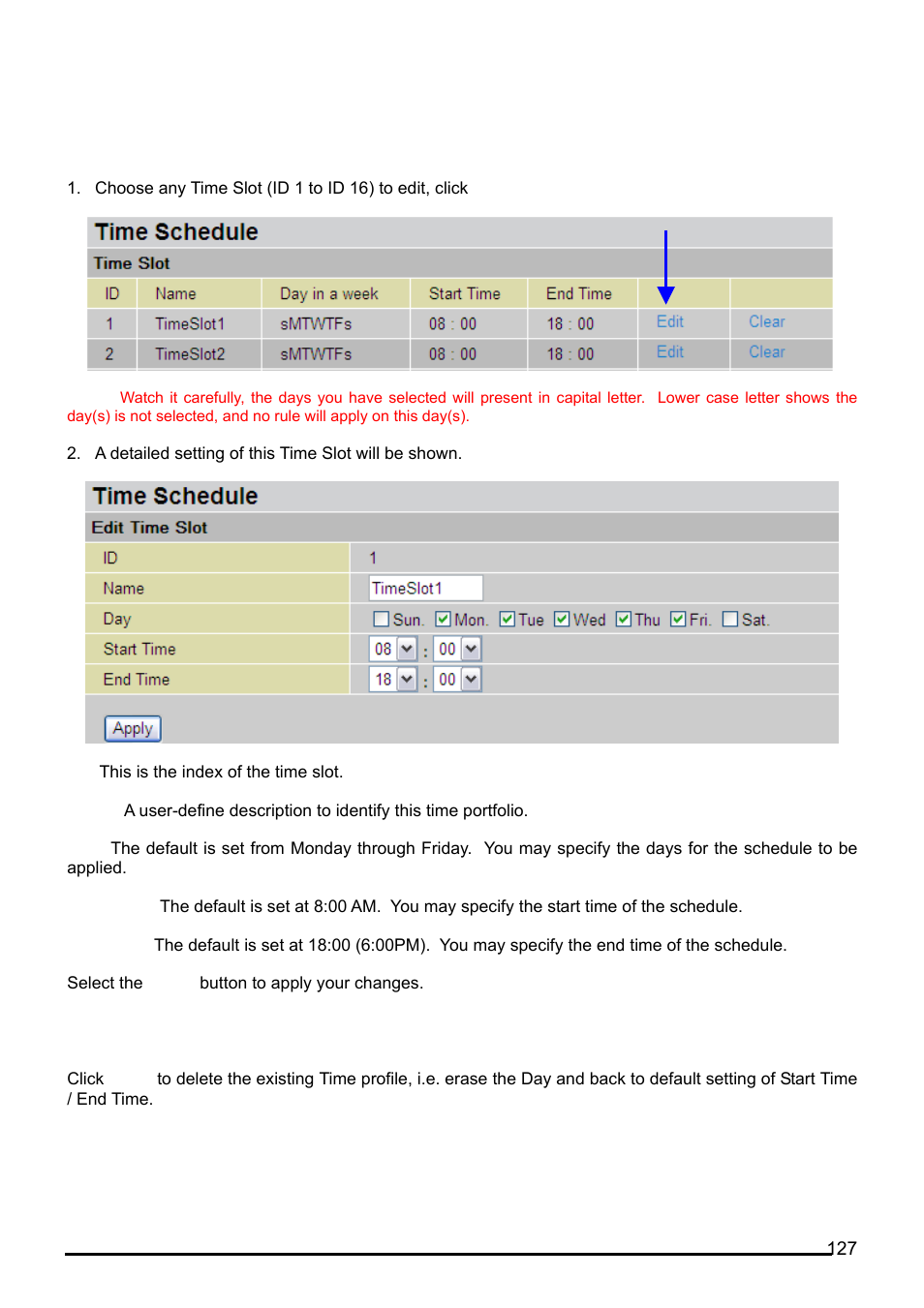 Configuration of time schedule, Edit a time slot, Delete a time slot | Billion Electric Company BiPAC 7402G User Manual | Page 128 / 142