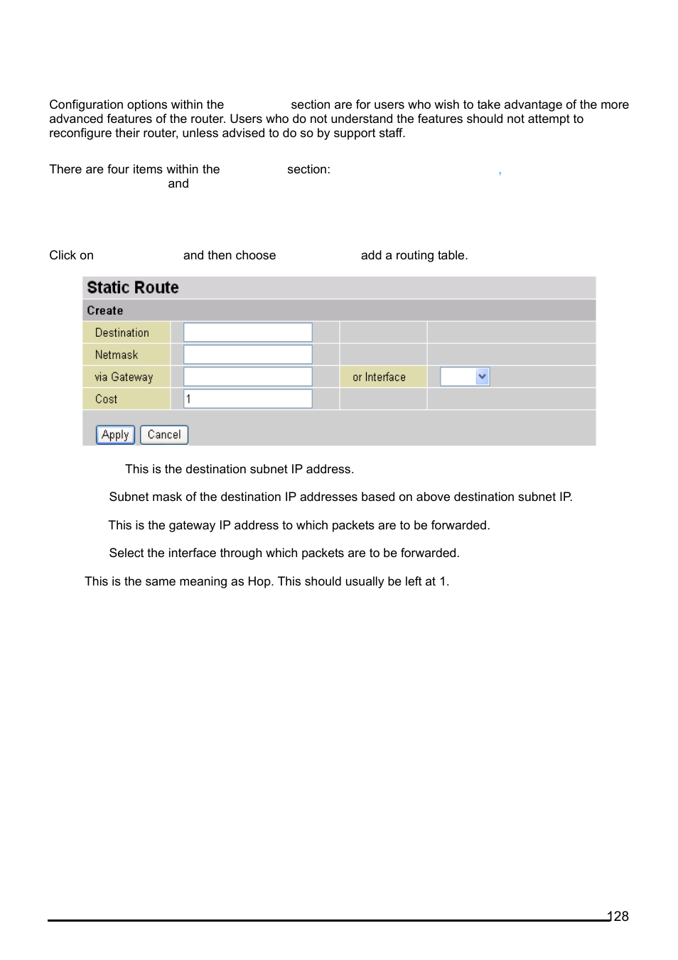 Advanced, Static route | Billion Electric Company BiPAC 7402G User Manual | Page 129 / 142