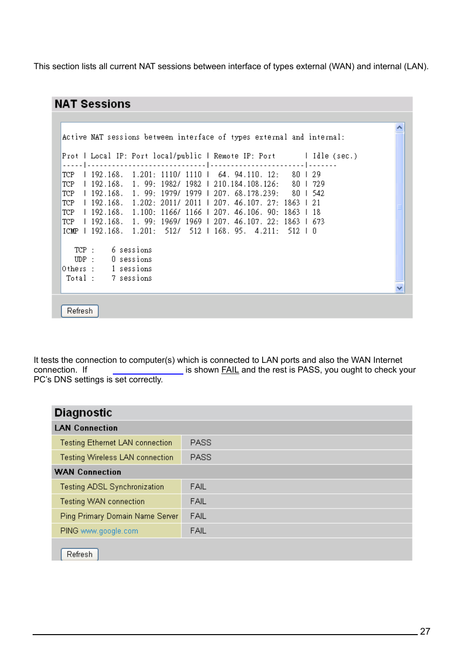 Nat sessions, Diagnostic, Nat sessions diagnostic | Billion Electric Company BiPAC 7402G User Manual | Page 28 / 142
