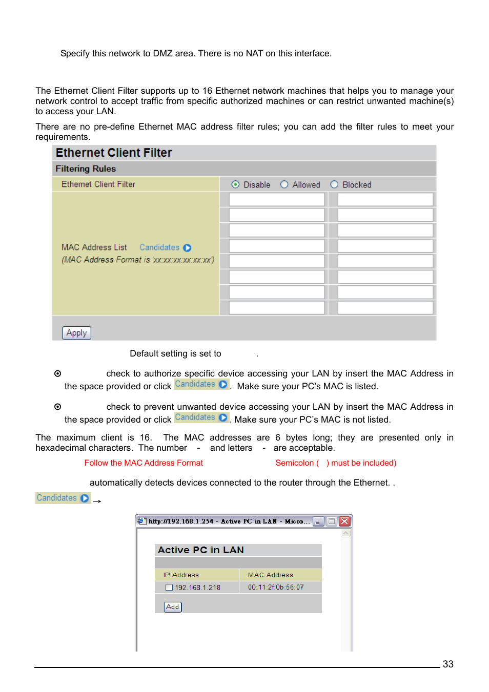 Ethernet client filter | Billion Electric Company BiPAC 7402G User Manual | Page 34 / 142
