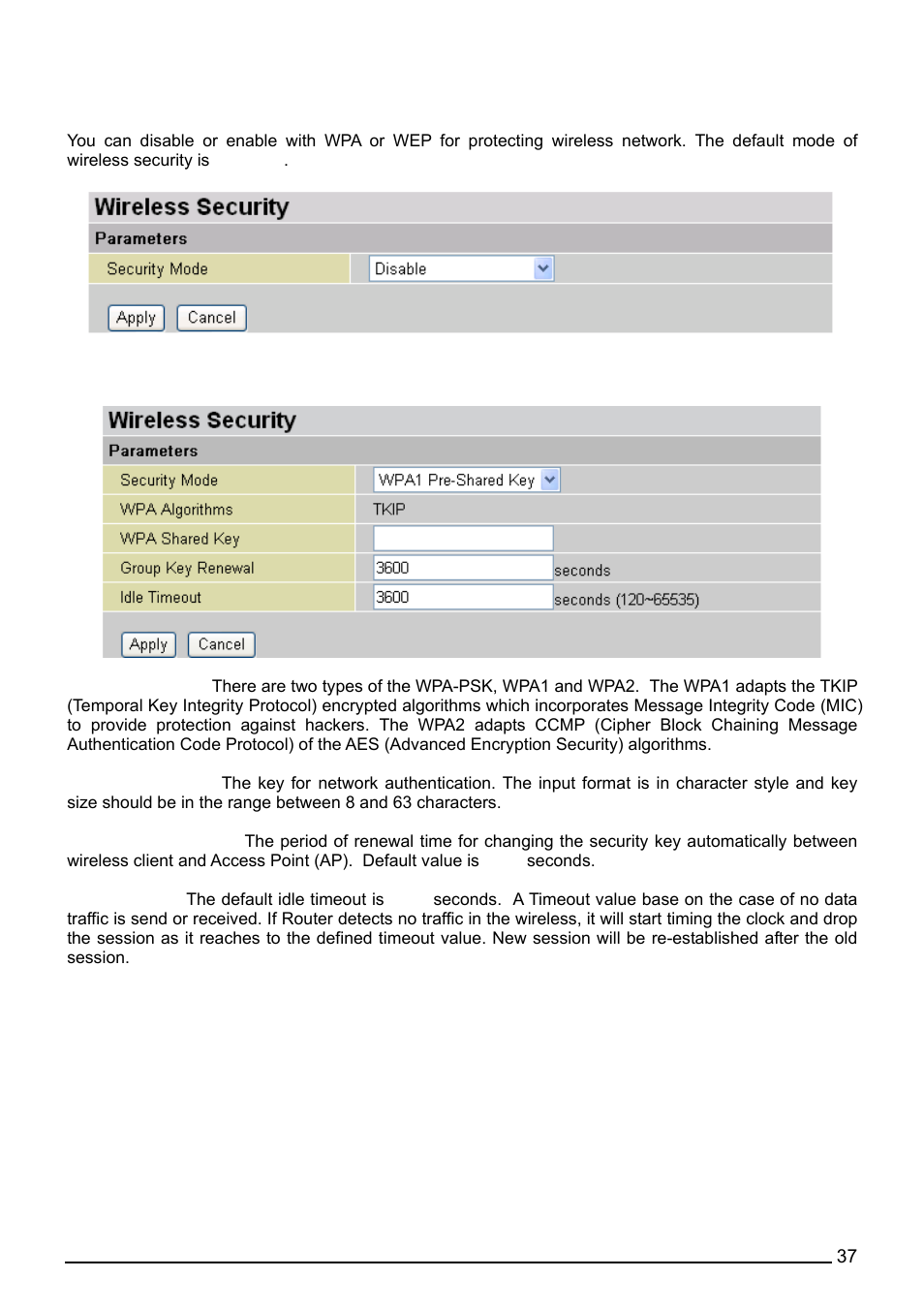 Wireless security, Wpa-psk (tkip) / wpa-psk (aes) pre-shared key | Billion Electric Company BiPAC 7402G User Manual | Page 38 / 142
