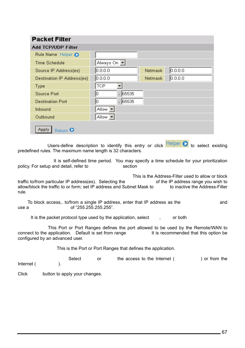 Packet filter – add tcp/udp filter | Billion Electric Company BiPAC 7402G User Manual | Page 68 / 142