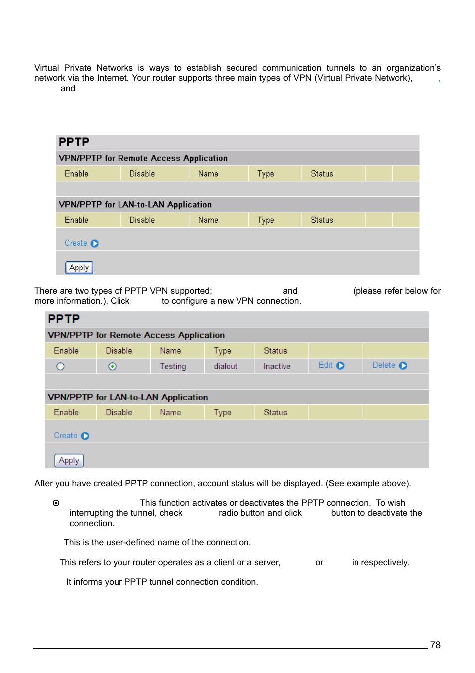 Vpn (virtual private networks), Pptp (point-to-point tunneling protocol) | Billion Electric Company BiPAC 7402G User Manual | Page 79 / 142